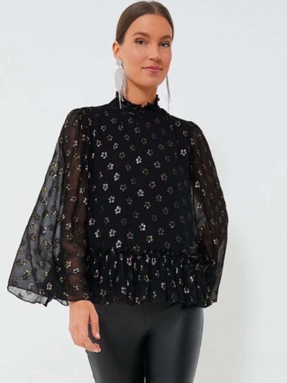 Oliphant Flower Daisy Floral Print Metallic Flowy Top Blouse